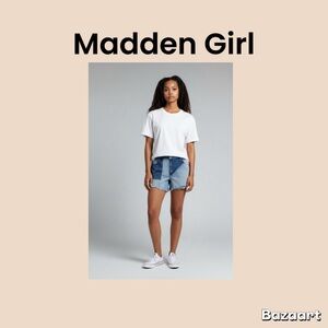 Madden Girl White Tee with Two-Tone Denim Patch Shorts